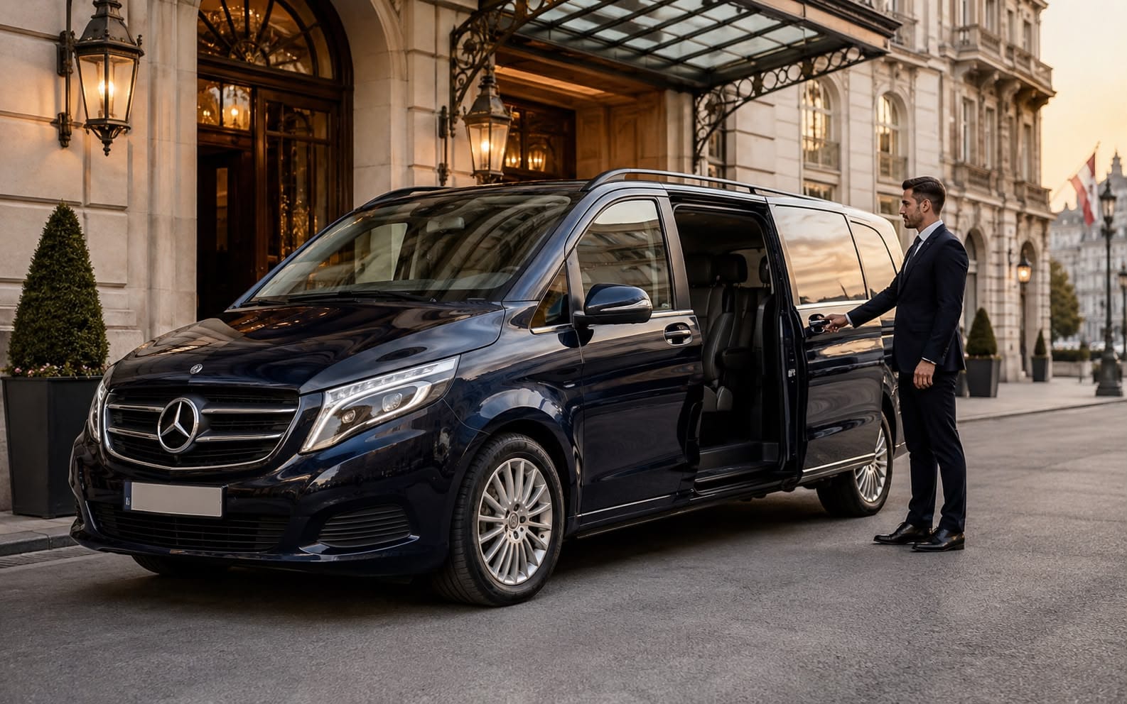 Vienna Day Trip chauffeur waiting beside a Mercedes for hourly hire
