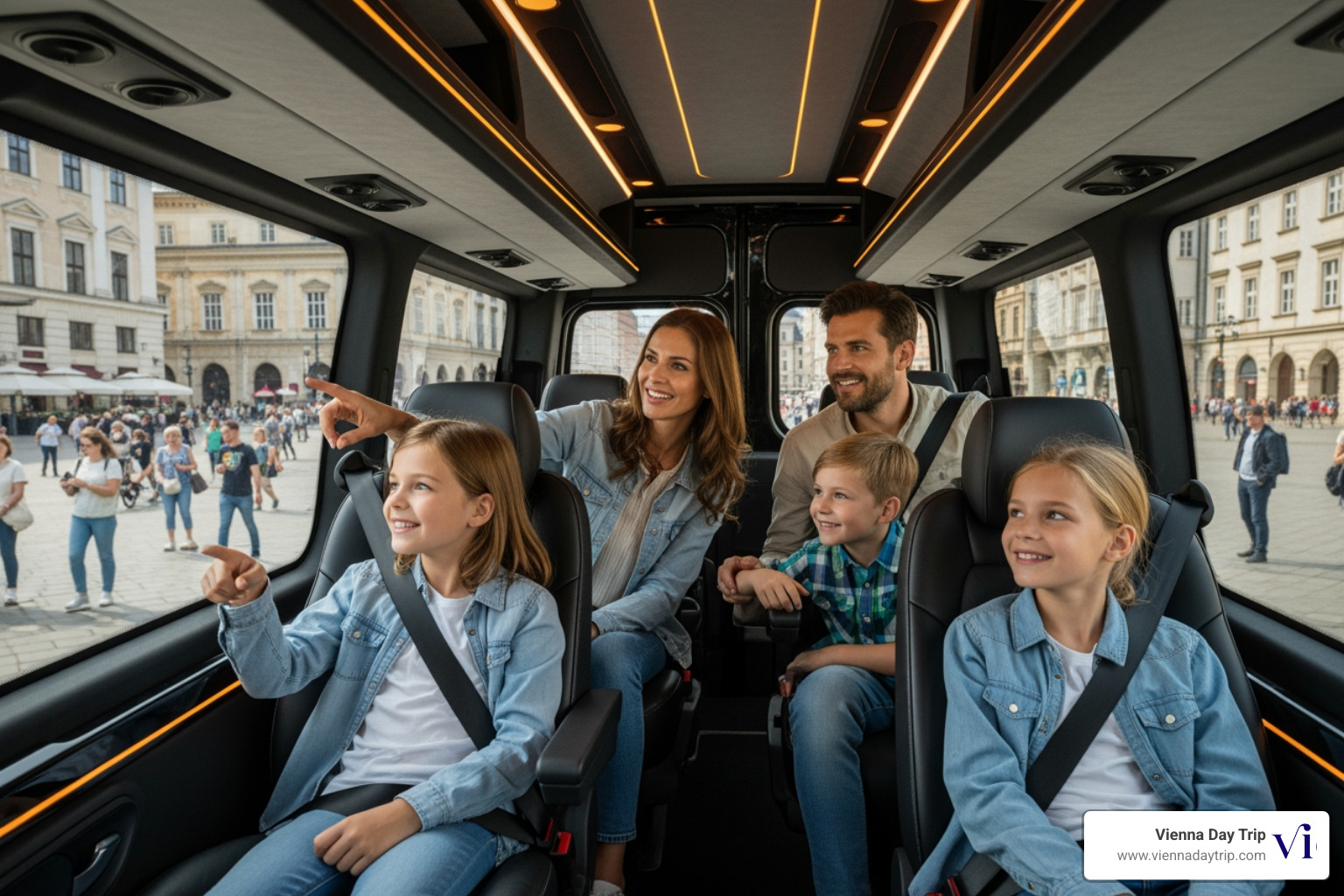 a family enjoying a comfortable ride in a luxury Mercedes van during a city tour