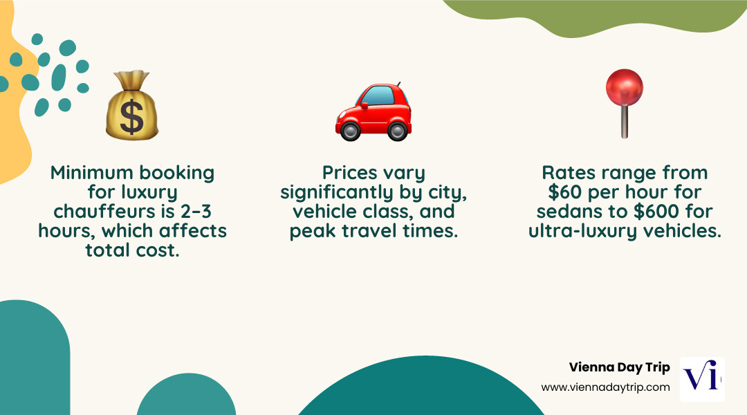 Breakdown of chauffeur service costs by vehicle type, hourly rates, minimums, and fees infographic