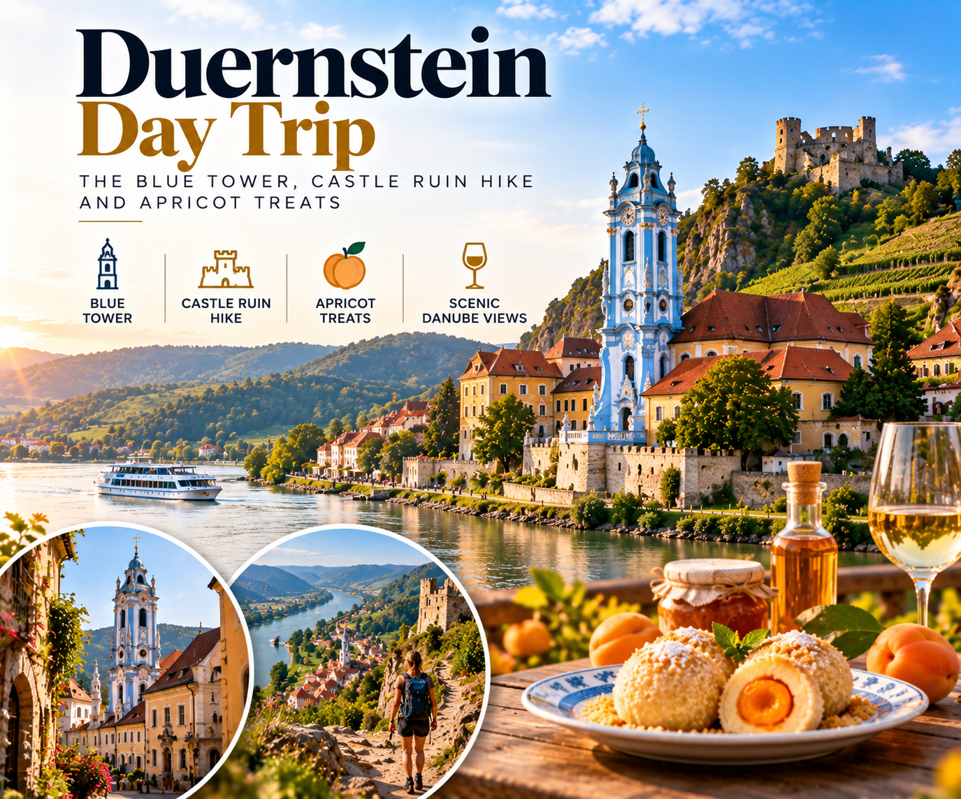 Scenic view of Dürnstein in Austria’s Wachau Valley, featuring the iconic blue-and-white abbey tower, hilltop castle ruins, Danube River, terraced vineyards, and traditional apricot dumplings.
