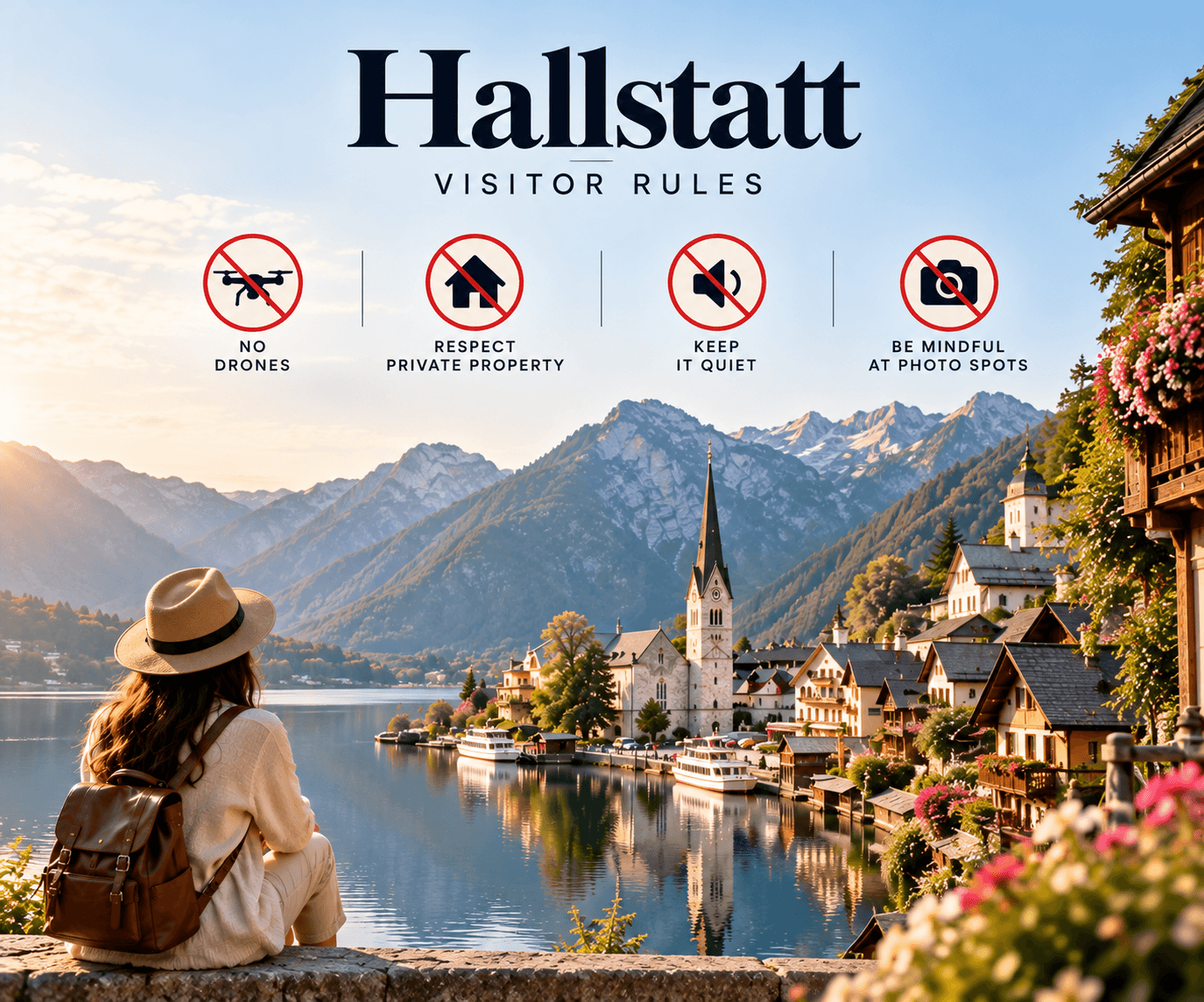 Scenic view of Hallstatt, Austria, with alpine mountains, a peaceful lake, and traditional lakeside houses, highlighting visitor rules for responsible tourism.