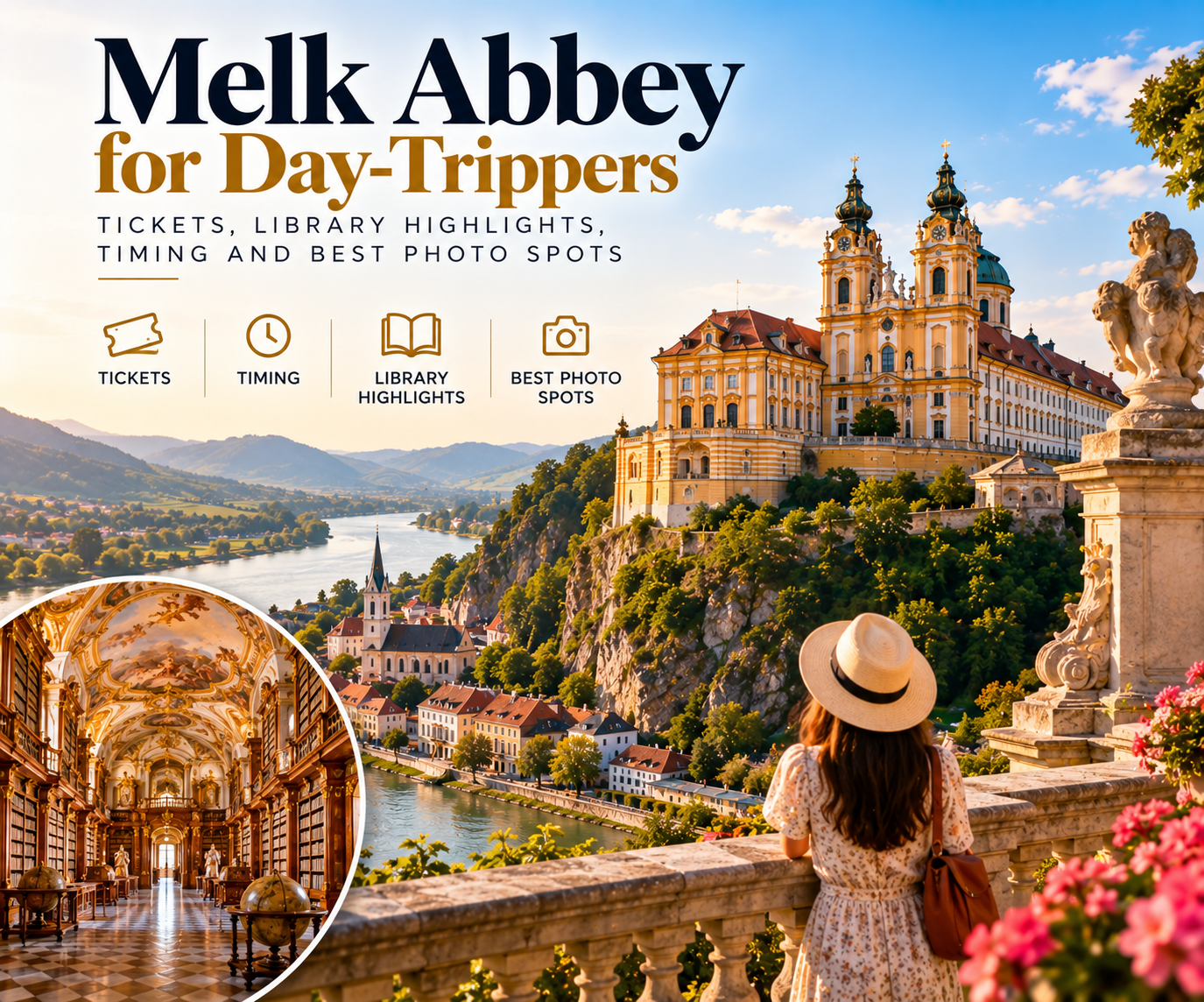Melk Abbey in Austria overlooking the Danube Valley, featuring Baroque architecture, the historic library, scenic terraces, and gardens, with visitor tips for tickets, timings, and photography.
