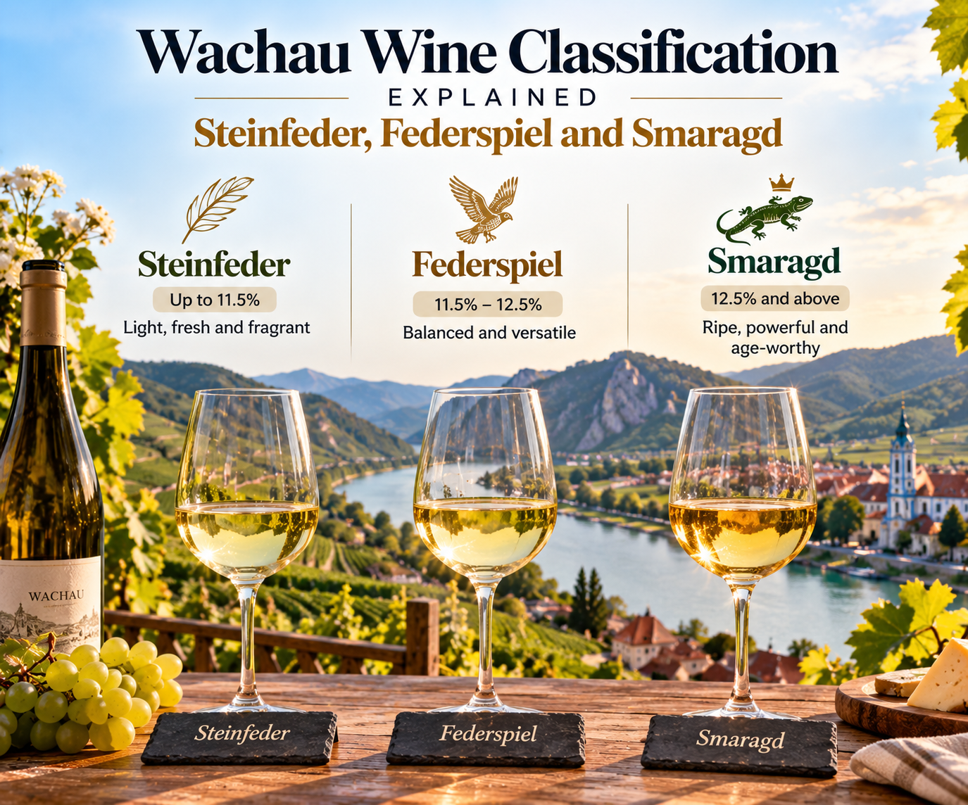 Wachau Valley wine classification featuring three white wine styles, Steinfeder, Federspiel, and Smaragd, with alcohol levels, wine glasses, vineyards, and scenic Danube River views in Austria.